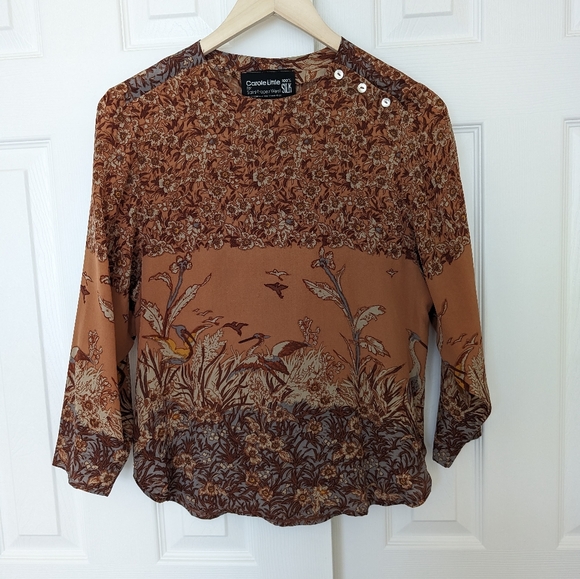 Carole Little Saint Tropez 100% Silk Floral Birds Marsh Print Blouse, size S - Picture 2 of 12